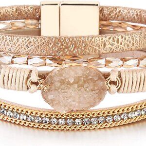Leather Wrap Bracelet Boho Cuff Bangle Jewelry for Women 7.7" Gift